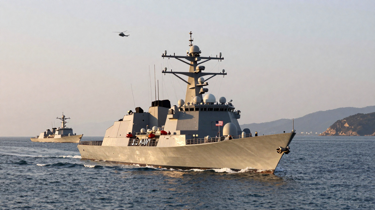 Navio de guerra da Marinha dos EUA navegando no mar com helicóptero no céu e outra embarcação ao fundo.