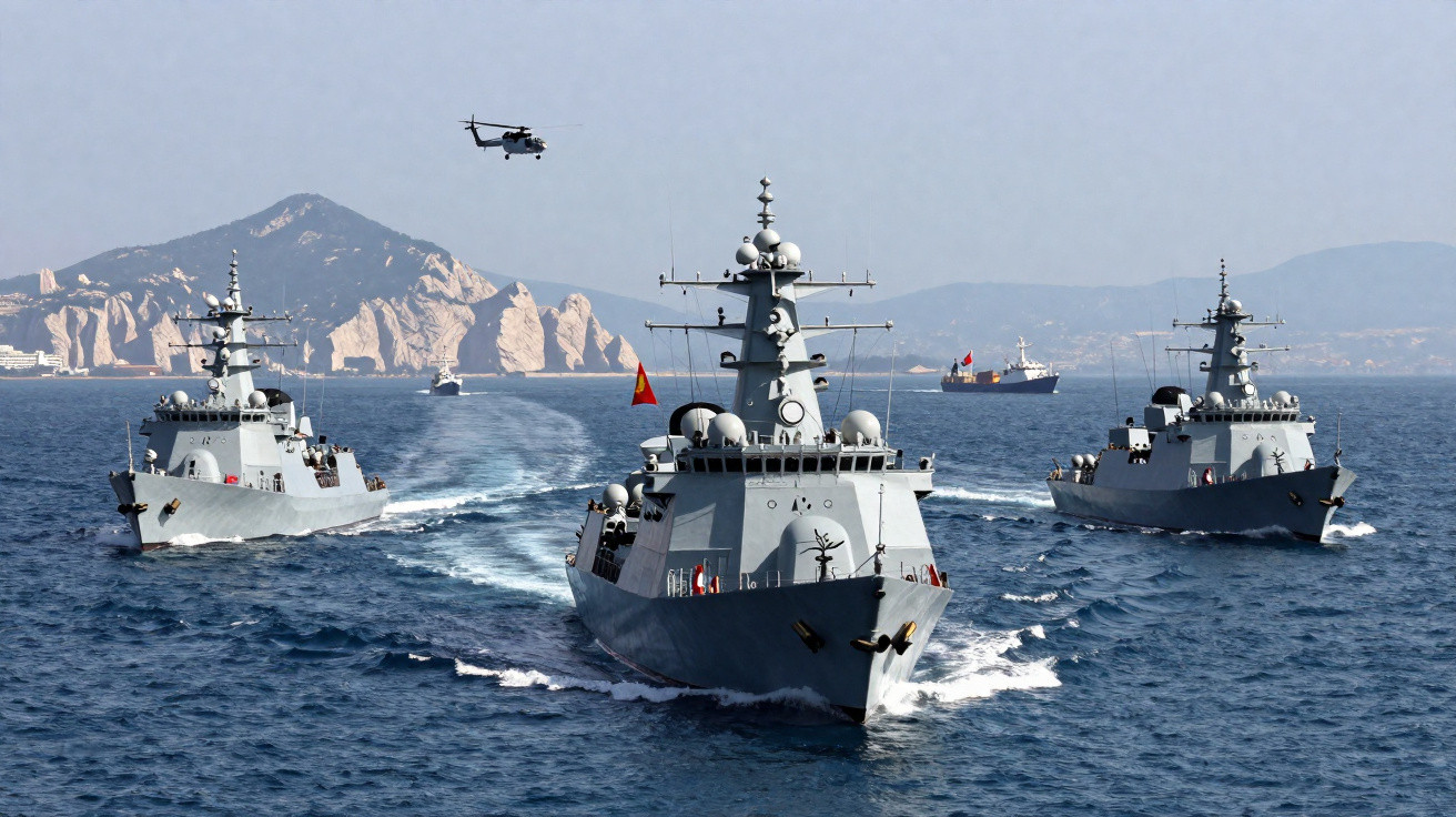 Três navios de guerra em formação no mar com helicóptero voando e montanhas ao fundo.