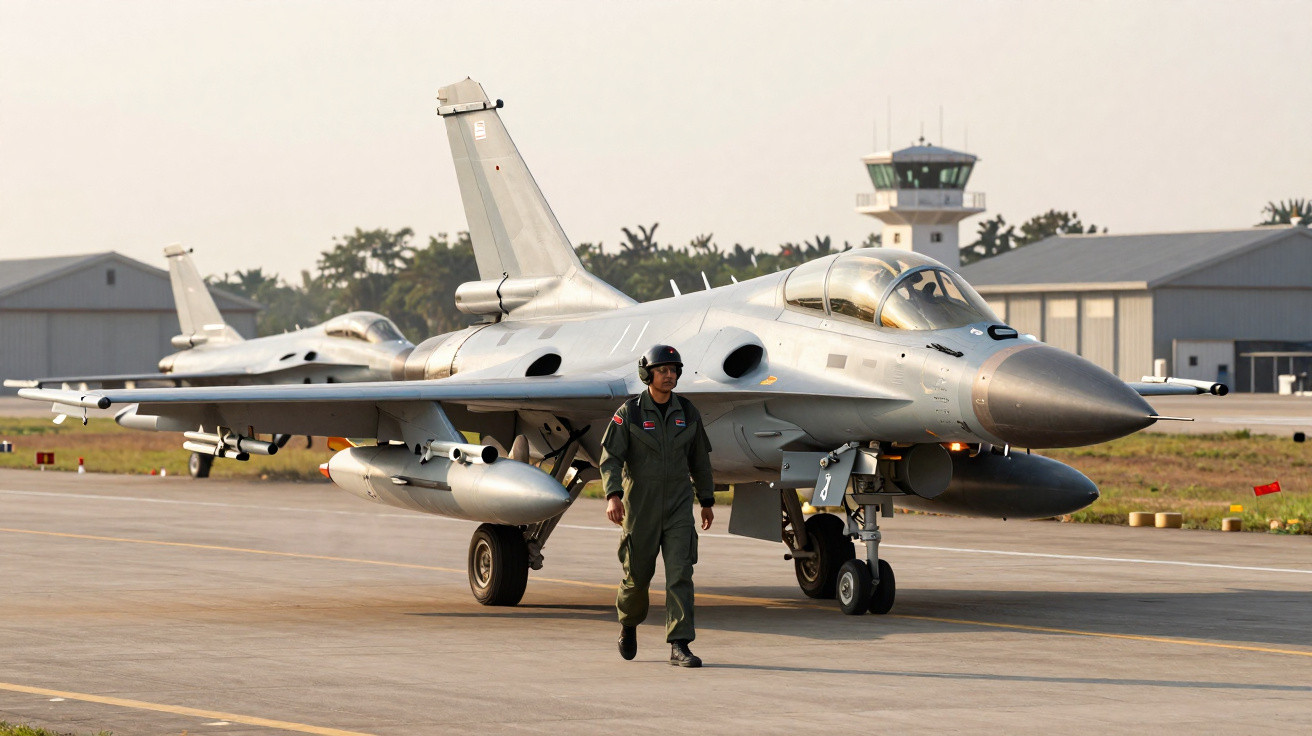 Caça aéreo cinza com piloto caminhando na pista de aeroporto militar ao entardecer.