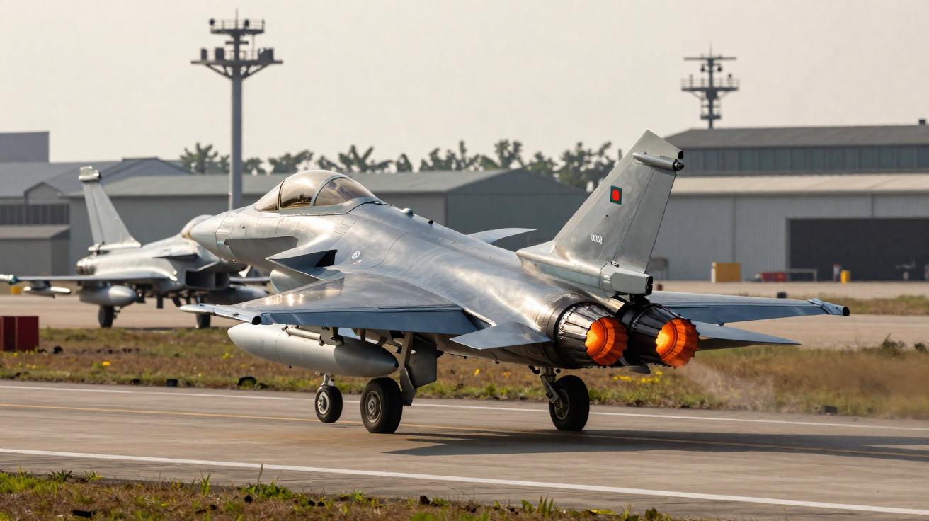 Caça militar cinza acelerando na pista com pós-combustores acionados em base aérea durante o dia.