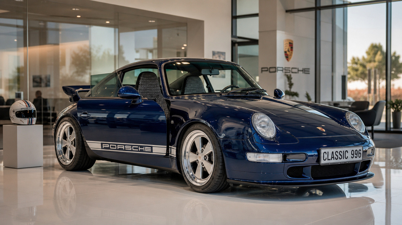Carro esportivo Porsche Classic 996 azul em showroom moderno com capacete branco ao lado.