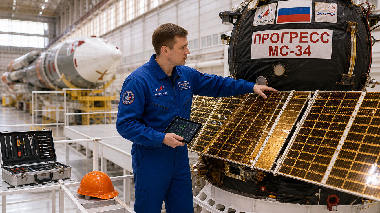 Homem de macacão azul inspeciona painel solar de módulo espacial com foguete ao fundo em hangar.