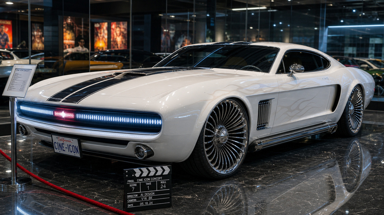 Carro esportivo branco futurista com luzes LED na frente em exposição interna com piso de mármore.