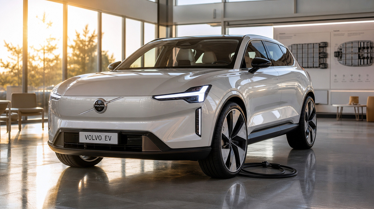 Carro branco elétrico Volvo EV estacionado em showroom moderno com tomada de recarga conectada.