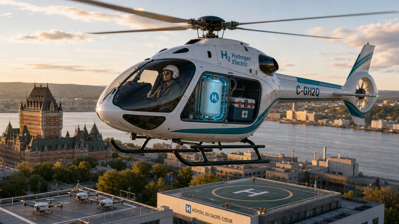 Helicóptero elétrico a hidrogênio voando sobre hospital e rio ao entardecer.