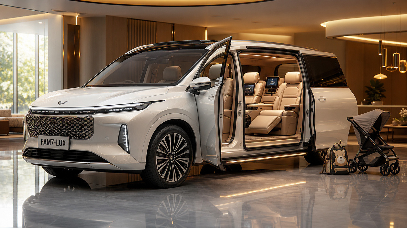 SUV branco de luxo com portas abertas mostrando interior espaçoso e carrinho de bebê ao lado em ambiente interno elegante.
