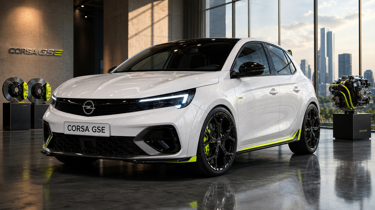 Carro branco Opel Corsa GSE estacionado em ambiente interno moderno com piso refletivo e detalhes em verde.
