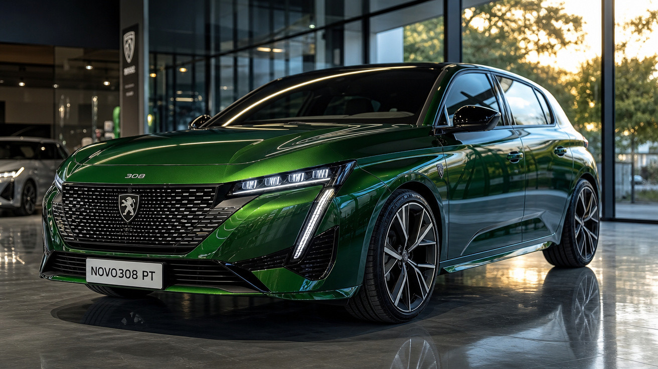Carro hatchback verde metálico Peugeot 308 PT em showroom moderno com piso refletivo e janelas de vidro.