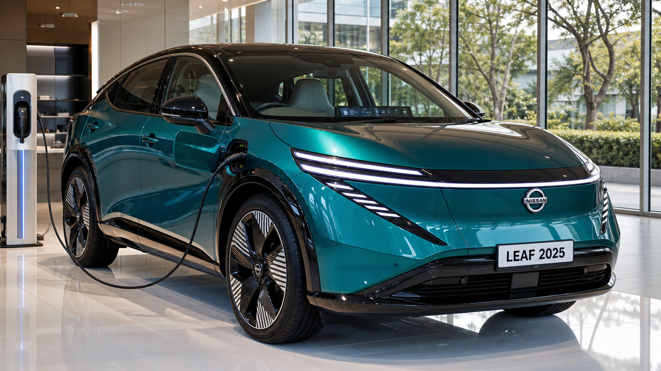 Carro elétrico Nissan Leaf 2025 verde em carregamento dentro de showroom moderno.