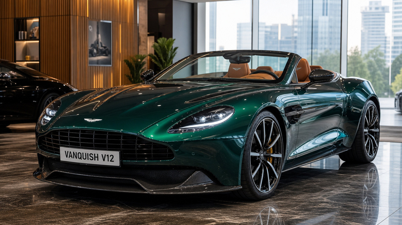 Carro esportivo conversível Aston Martin Vanquish V12 verde em showroom moderno com interior caramelo.
