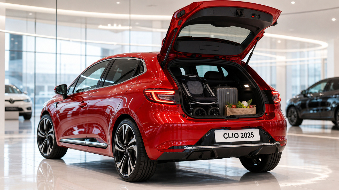 Carro hatchback vermelho com porta-malas aberto contendo mala, cadeira de criança e caixa de frutas, em showroom.