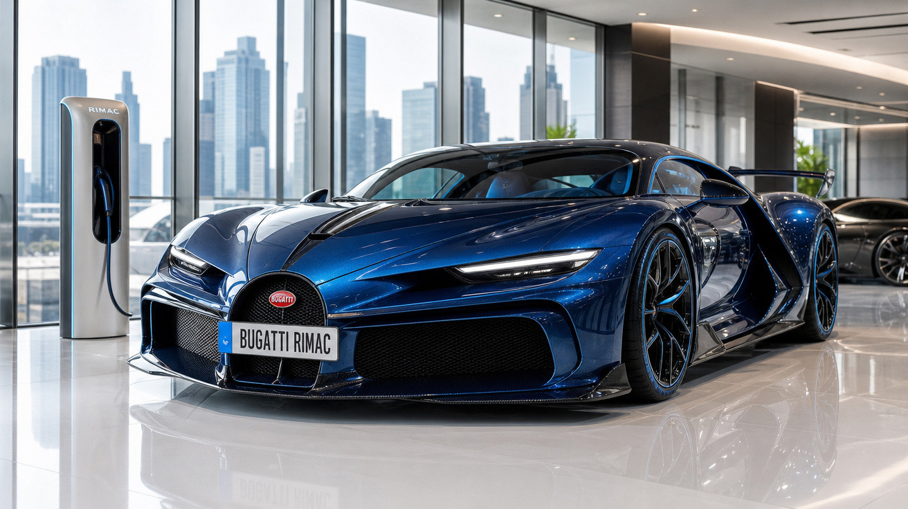 Carro esportivo Bugatti Rimac azul escuro em showroom com janelas de vidro e estação de carregamento elétrica.