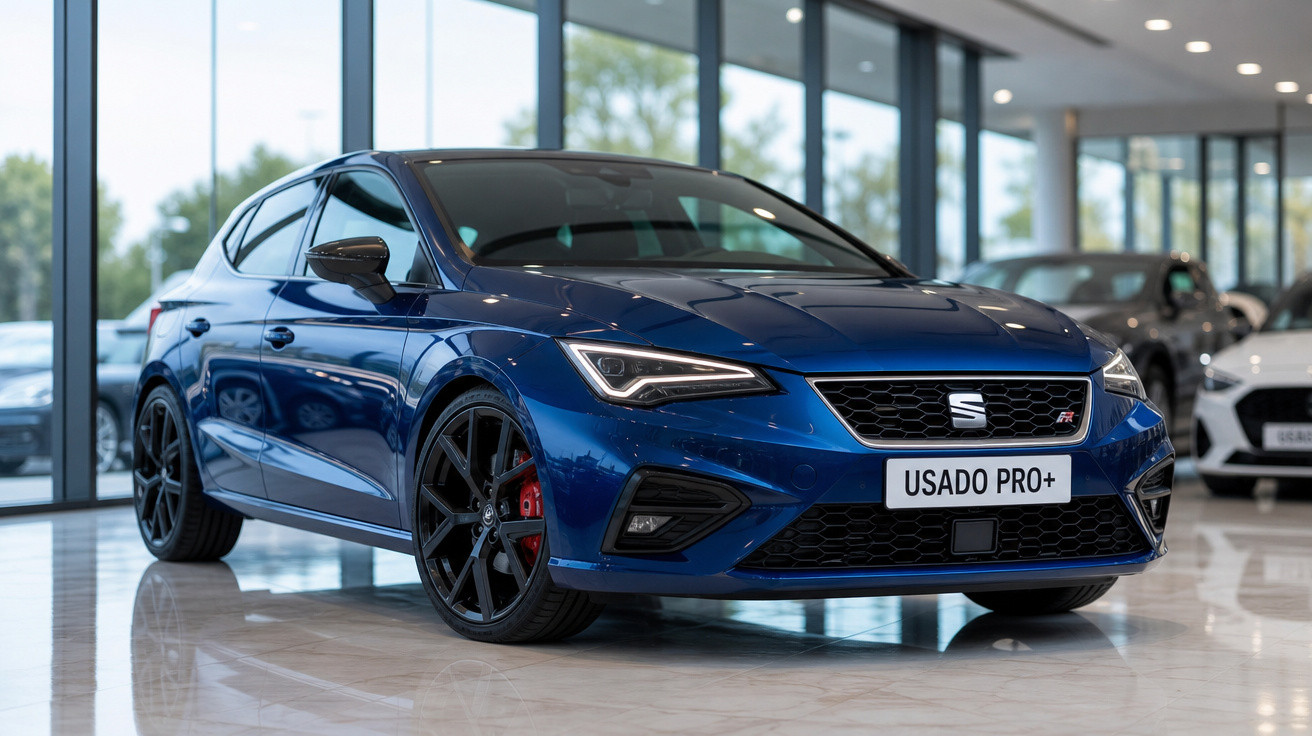 Carro hatch azul metálico esportivo em showroom com placa frontal "USADO PRO+" visível.