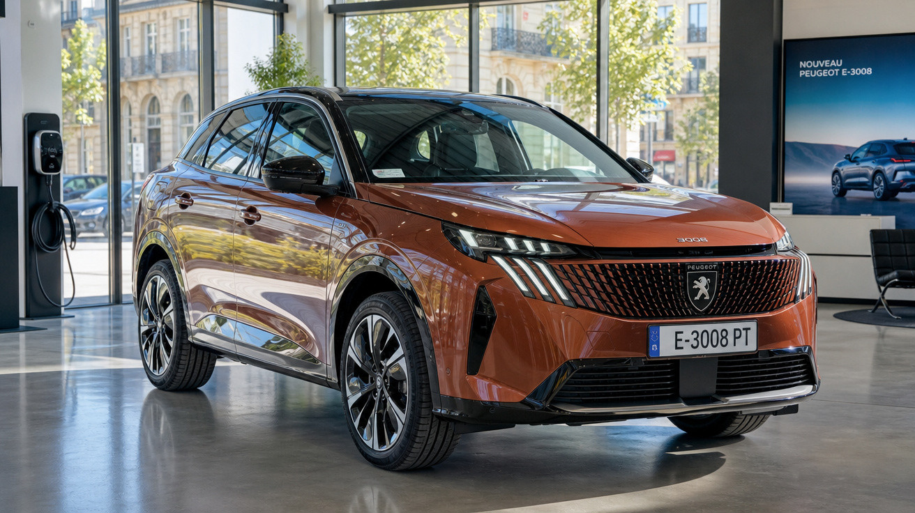 Carro SUV elétrico Peugeot E-3008 laranja exposto em showroom moderno com janelas amplas e carregador elétrico.