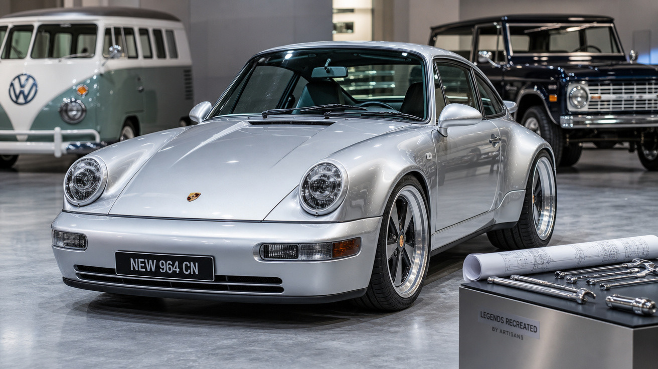 Carro esportivo prata Porsche 964 em exposição, com outros veículos clássicos ao fundo.