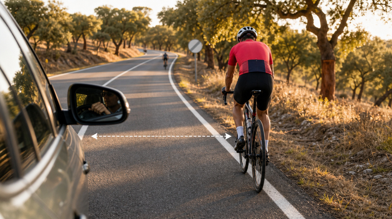 Carro ultrapassando ciclista em estrada rural com árvores ao redor em dia ensolarado.