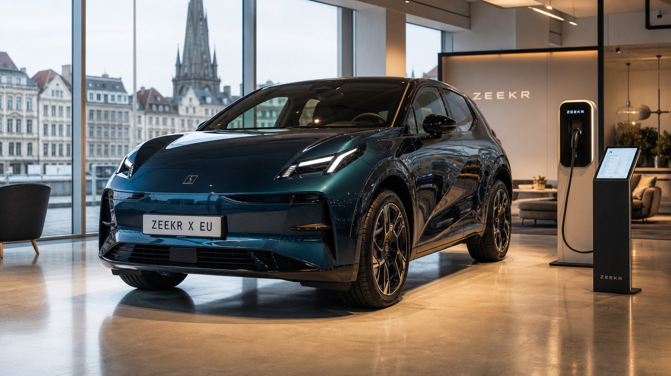 Carro elétrico Zeekr X EU azul escuro em showroom moderno com estação de recarga ao lado.