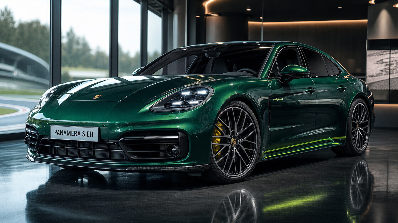 Carro esportivo Porsche Panamera S EH verde escuro estacionado em ambiente moderno com piso refletivo.