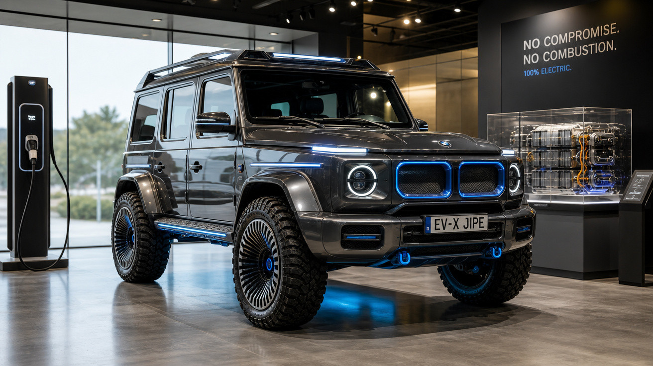 SUV elétrico cinza escuro com detalhes azuis exibido em showroom moderno com estação de recarga.