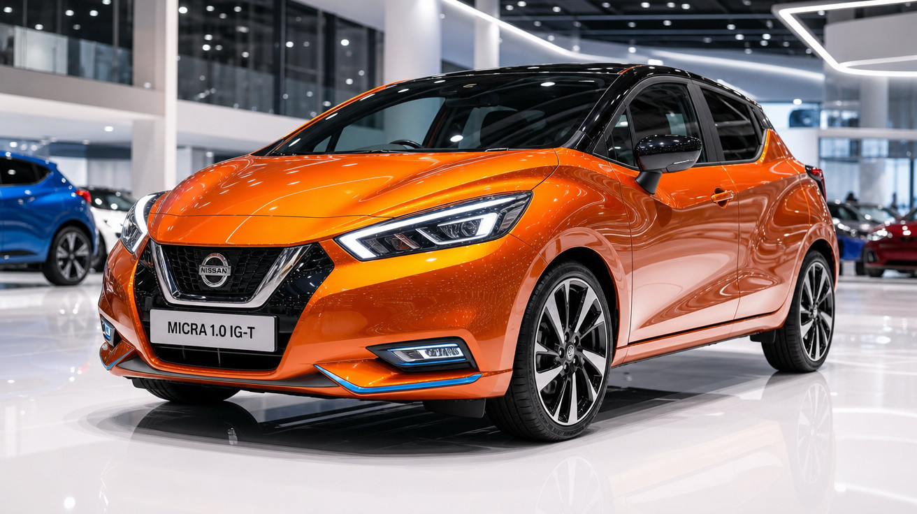 Carro Nissan Micra 1.0 IG-T laranja em exposição em salão automotivo moderno.