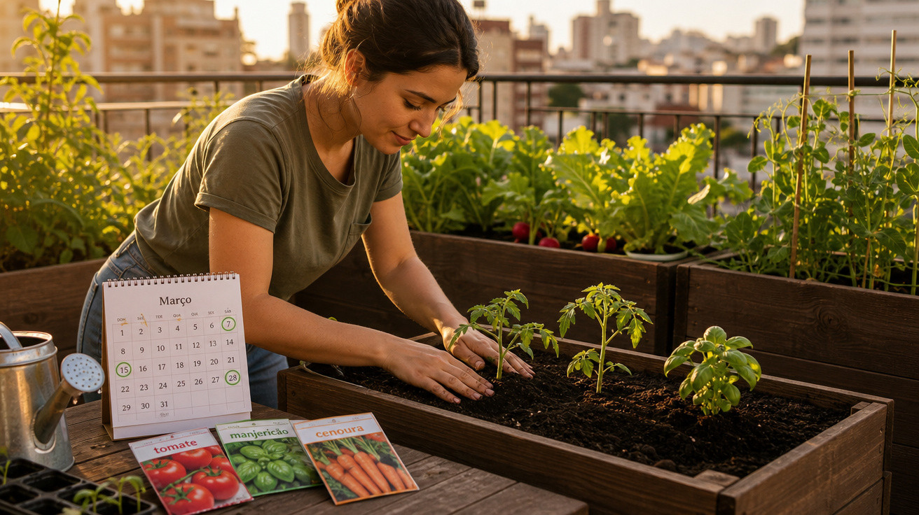 Mulher plantando muda de tomate em horta caseira na varanda ao pôr do sol, com calendário e sementes.