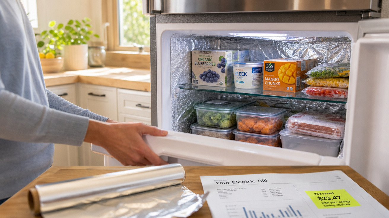Pessoa abrindo freezer com alimentos organizados entre potes plásticos e caixas na cozinha iluminada.