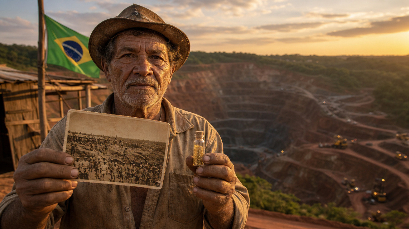 Homem com chapéu segura foto antiga e frasco com ouro em mina ao pôr do sol, com bandeira do Brasil ao fundo.