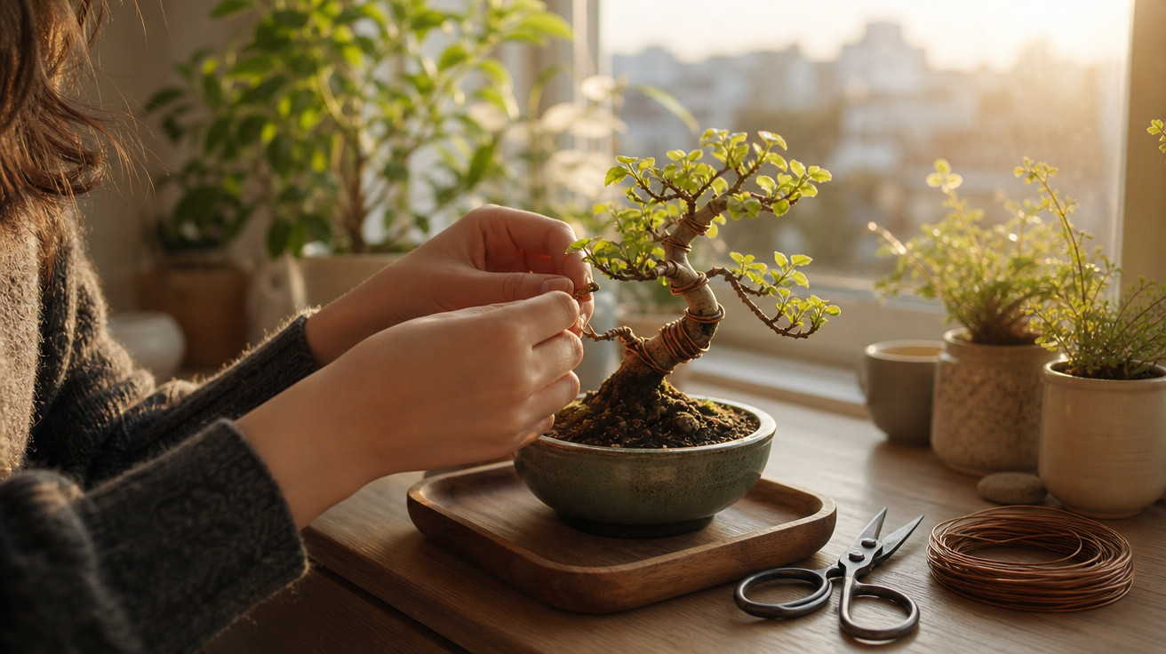 Pessoa cuidando de um bonsai em vaso, com ferramentas de jardinagem sobre mesa próxima a janela ensolarada.
