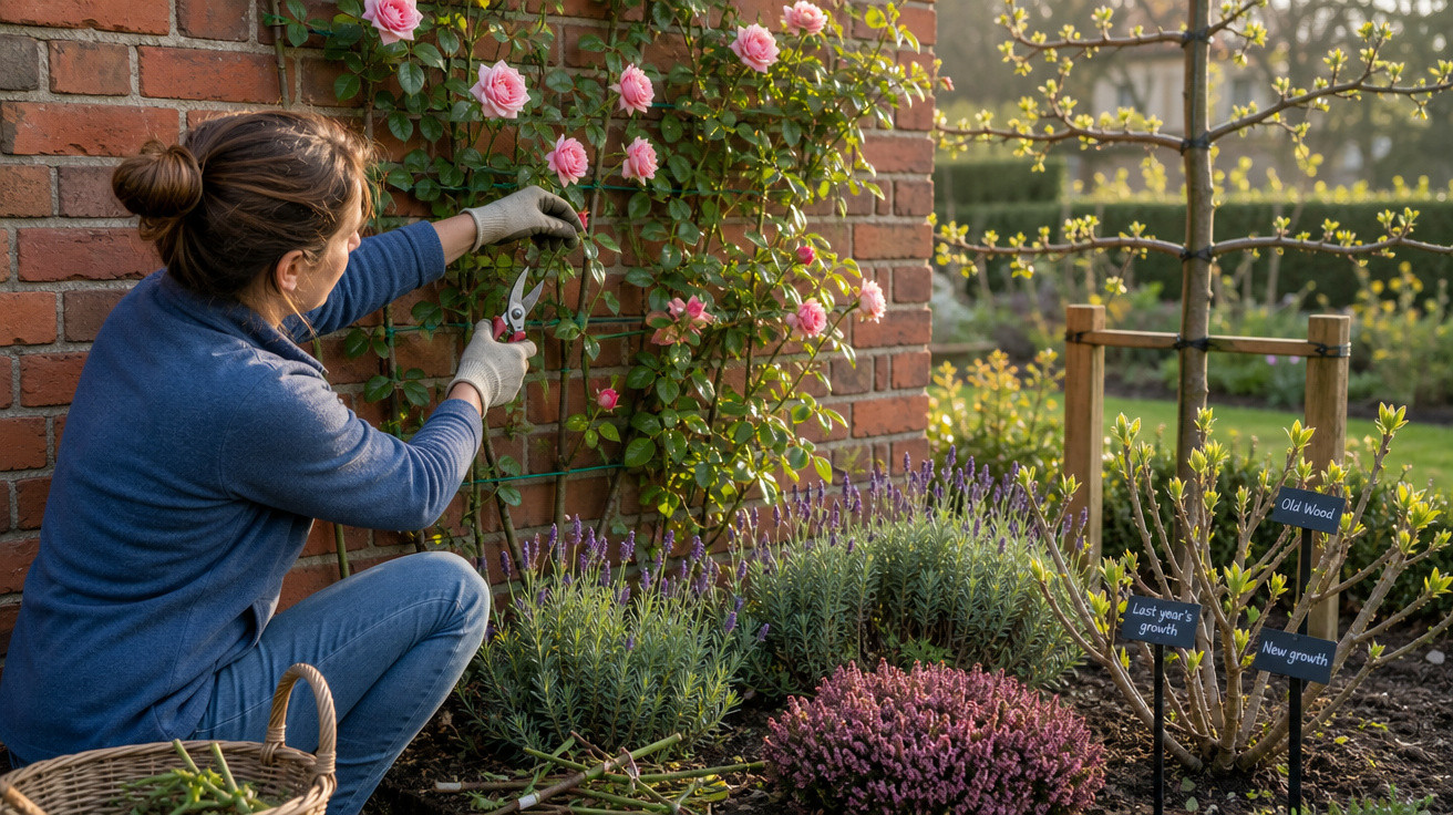 Mulher cuidando de roseira com tesoura de poda em jardim com plantas e flores ao entardecer.