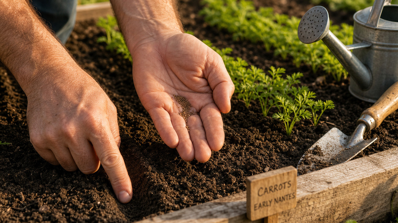 Mãos plantando sementes de cenoura em canteiro de terra com regador e pá ao lado.