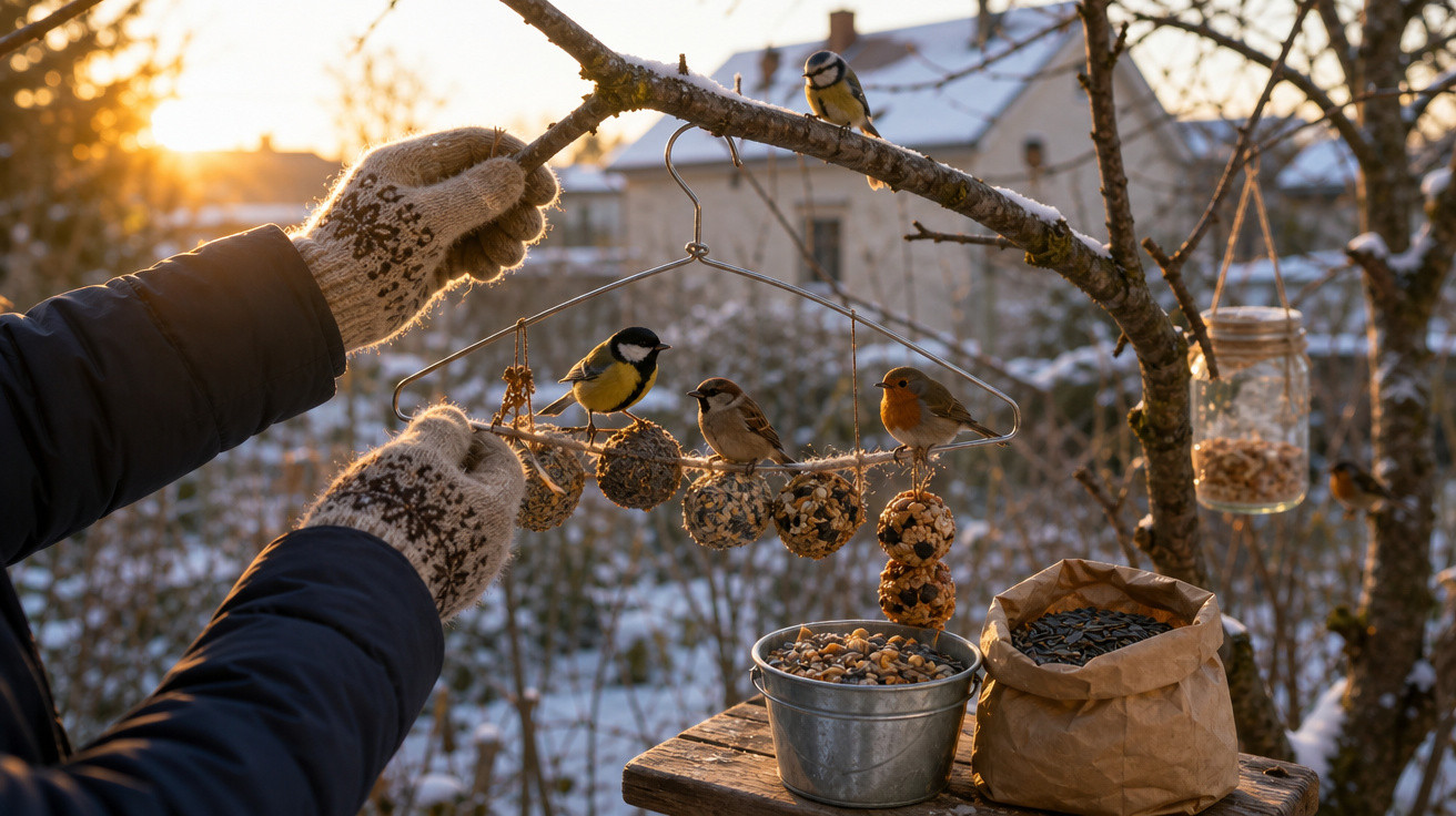 Pessoa com luvas segurando comedouro para pássaros em árvore no pôr do sol com neve ao fundo.
