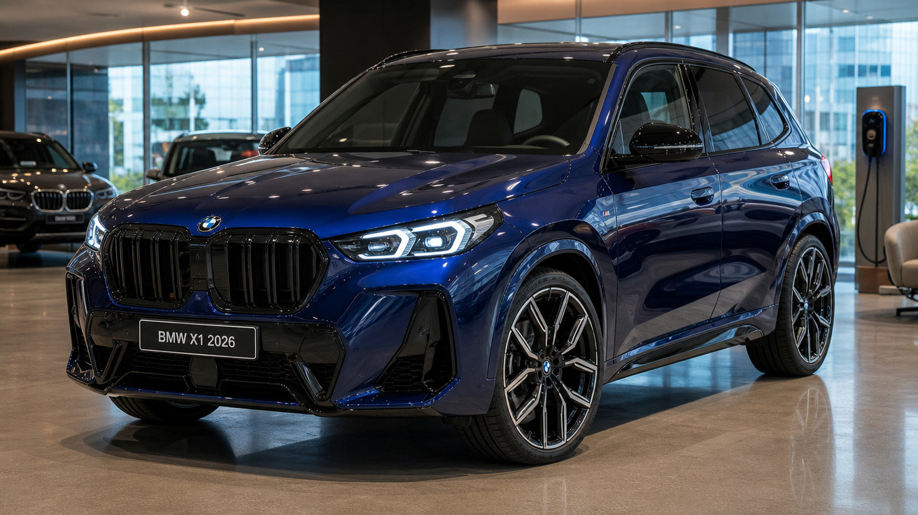 Carro BMW X1 2026 azul escuro exibido em showroom com design moderno e faróis acesos.