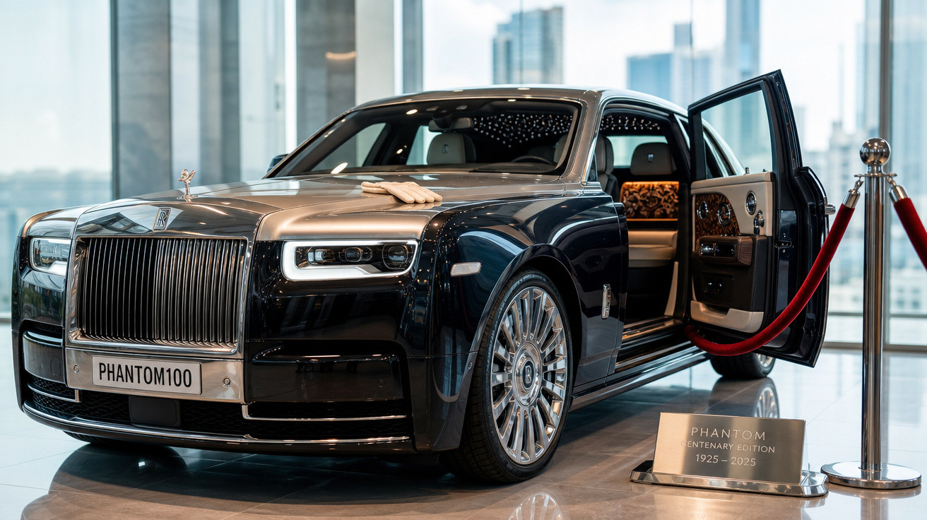 Carro de luxo Rolls-Royce Phantom100 preto com porta aberta em exposição interna moderna.