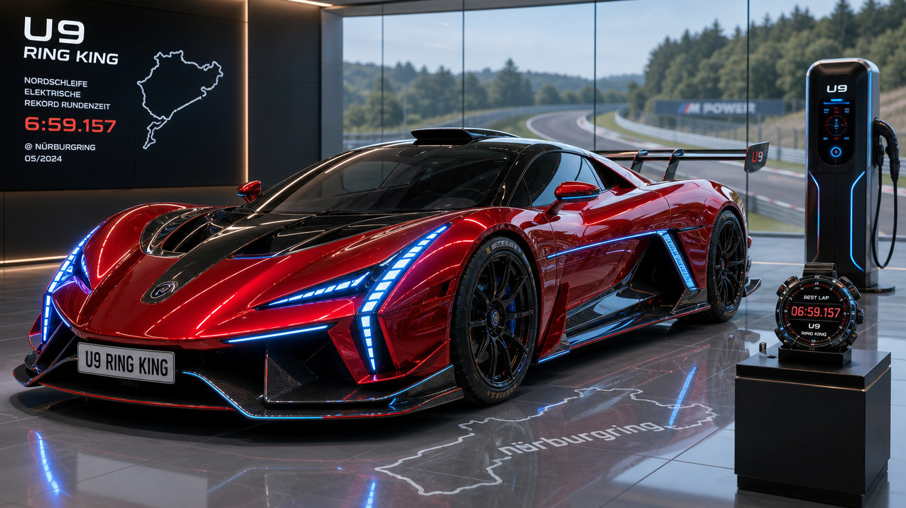 Carro esportivo elétrico vermelho U9 Ring King exibido em showroom com carregador e relógio de volta rápida.