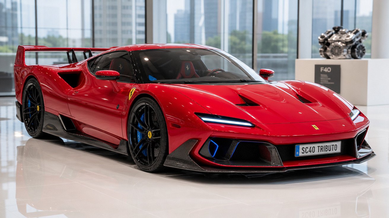 Carro esportivo vermelho Ferrari SC40 Tributo em exposição com motor ao fundo e vidro grande.