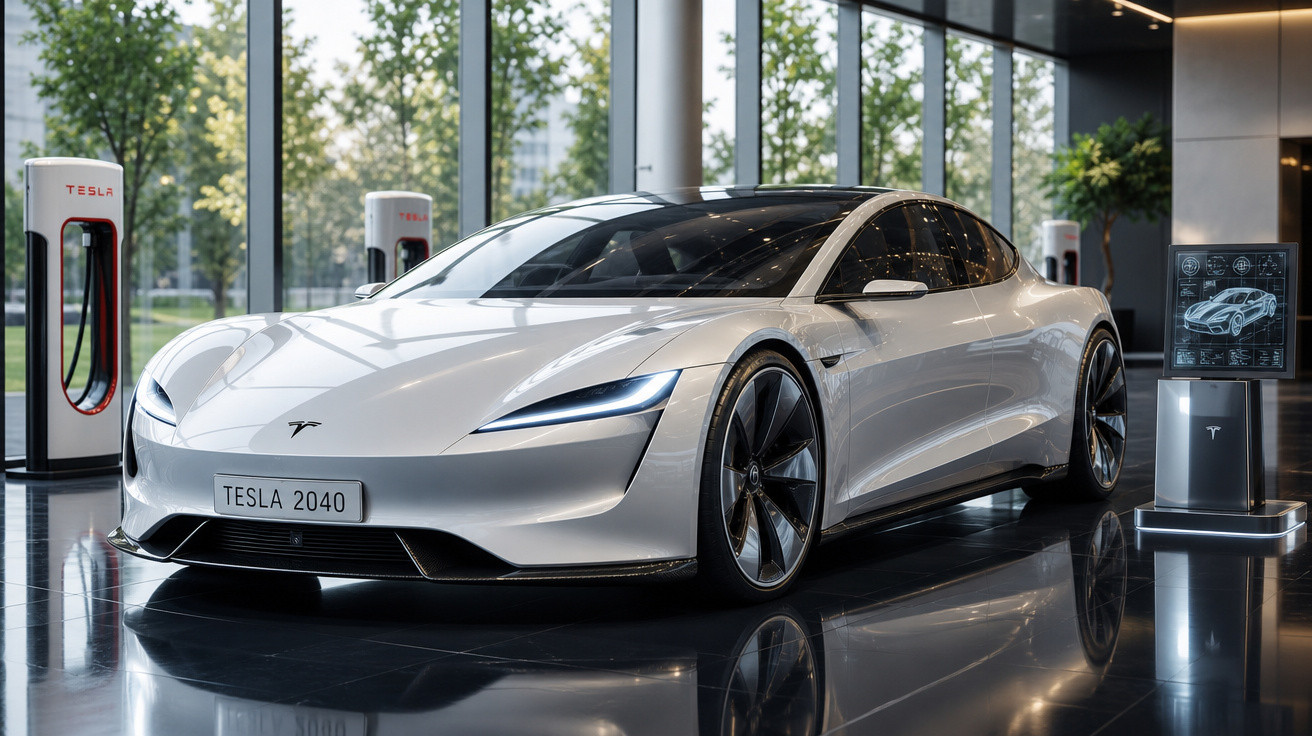 Carro elétrico Tesla branco futurista estacionado dentro de showroom com pontos de recarga ao fundo.