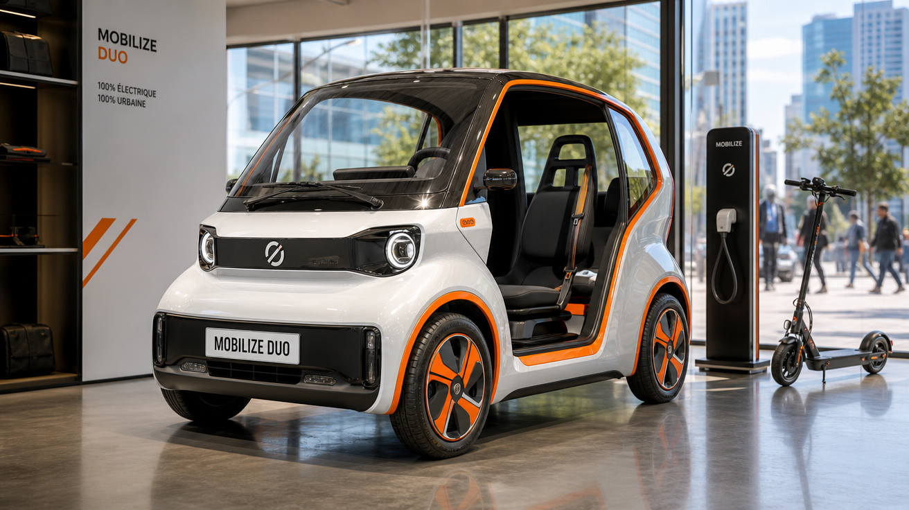 Carro elétrico compacto branco e laranja Mobilize Duo exposto ao lado de uma scooter elétrica em showroom.