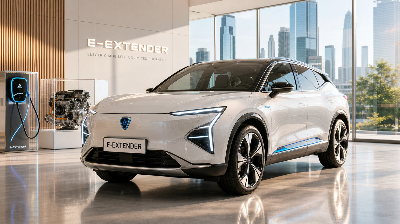 Carro elétrico branco modelo E-Extender exibido em showroom moderno com parede de madeira e vista urbana.