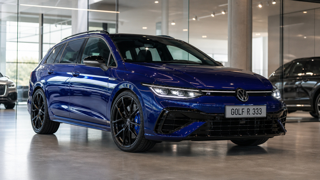 Carro Volkswagen Golf R na cor azul escuro, exibido em showroom moderno com piso cinza e paredes de vidro.