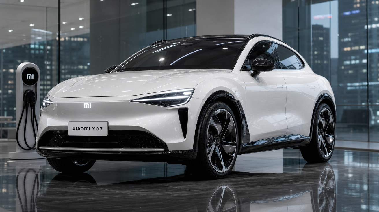 Carro elétrico branco da Xiaomi em exposição, carregando em estação de recarga em ambiente moderno.