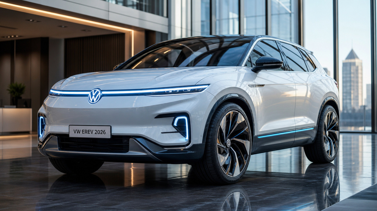 Carro elétrico SUV branco Volkswagen modelo EREV 2026 em ambiente moderno com piso reflexivo.