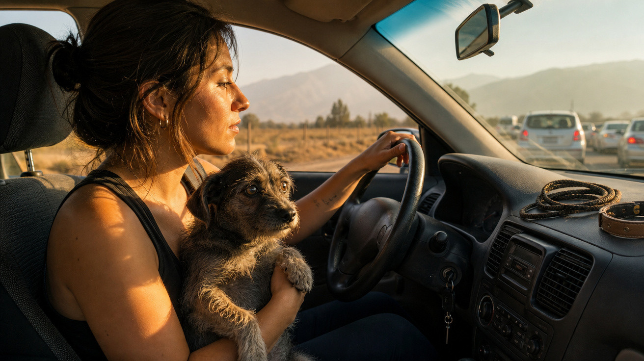 Mulher dirige carro ao entardecer segurando cachorro pequeno e peludo no colo, estrada e montanhas ao fundo.