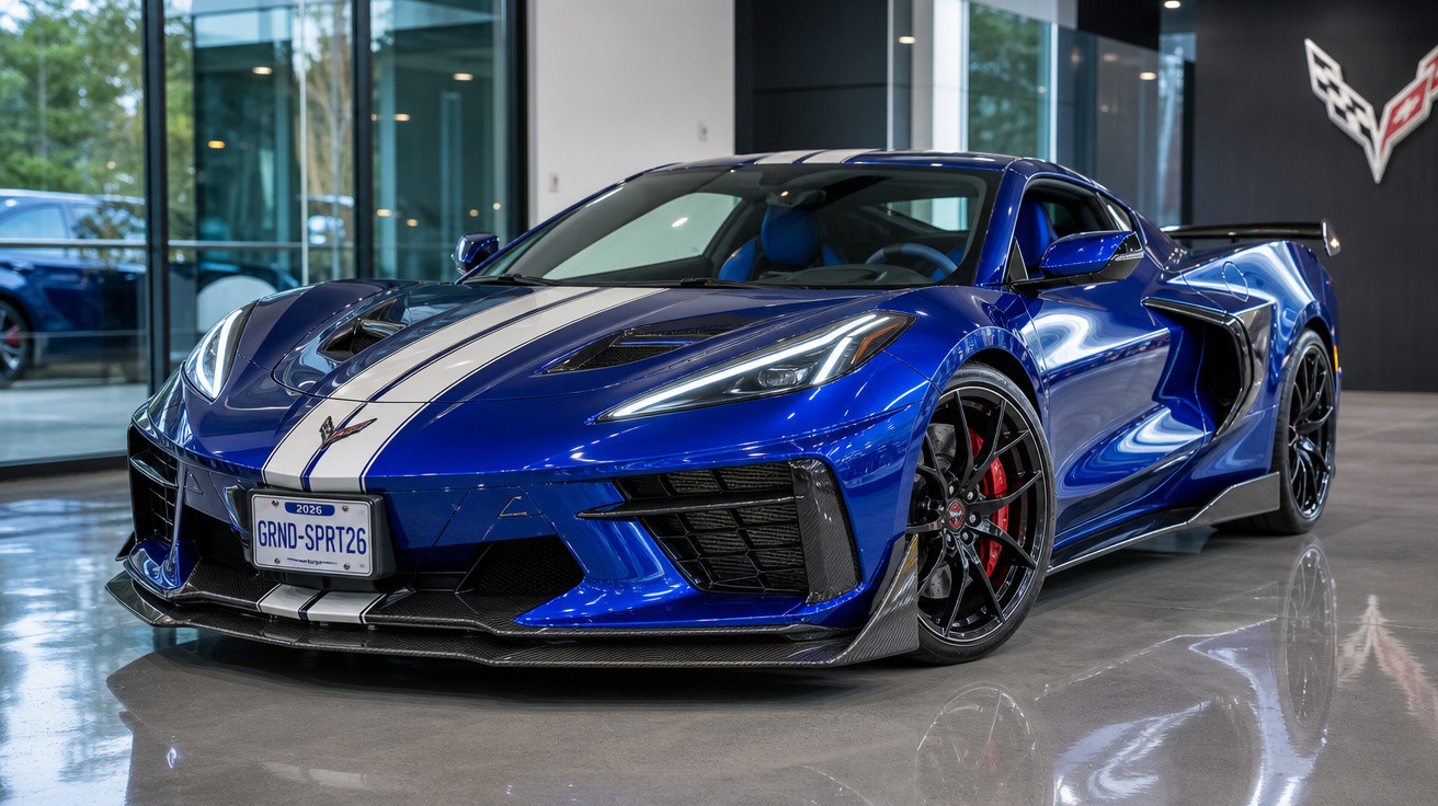 Carro esportivo azul com faixa branca estacionado em piso brilhante dentro de showroom.