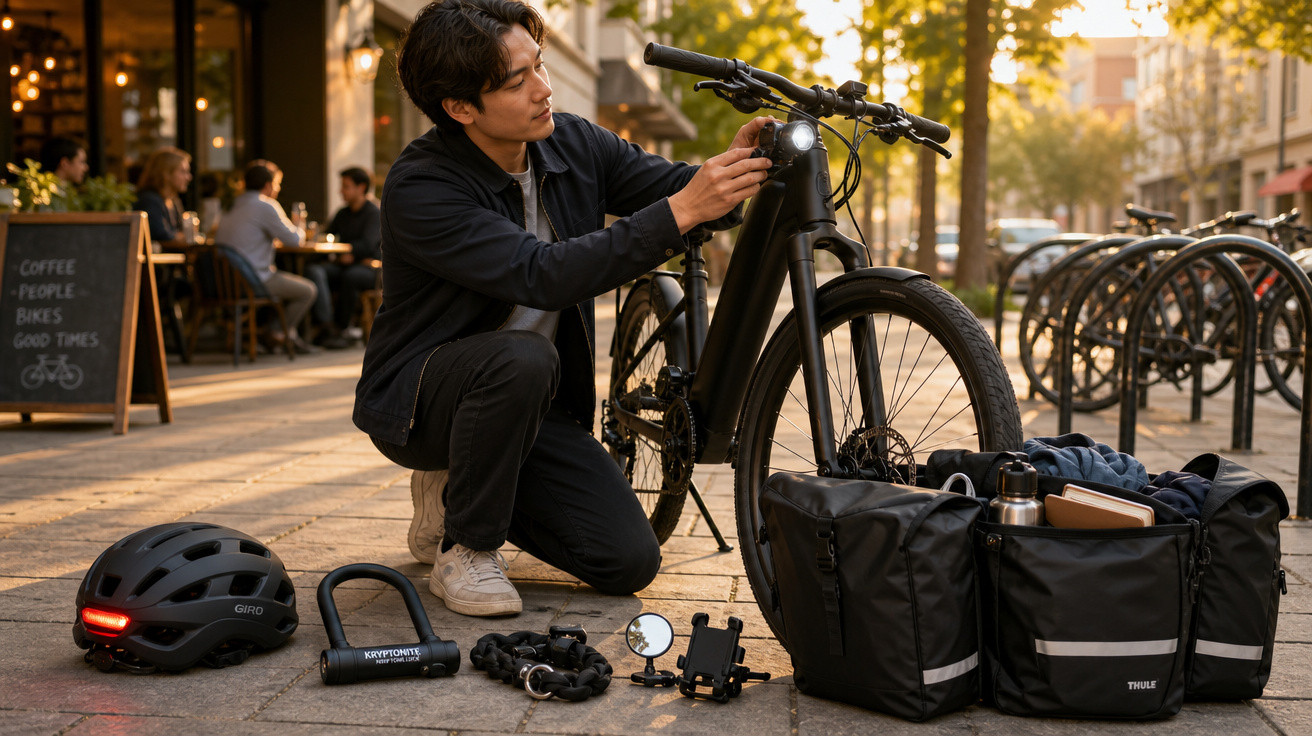Homem ajusta luz de bicicleta elétrica preta estacionada em calçada com acessórios e capacete ao lado.