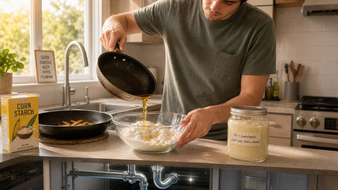 Homem na cozinha despejando líquido de frigideira em tigela com amido de milho e óleo em pote ao lado.