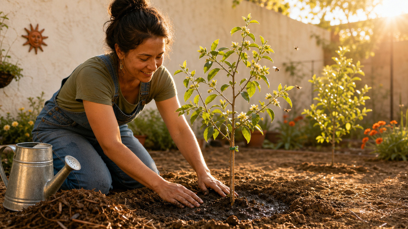 Mulher sorridente plantando muda de árvore no jardim ao pôr do sol, com regador ao lado.