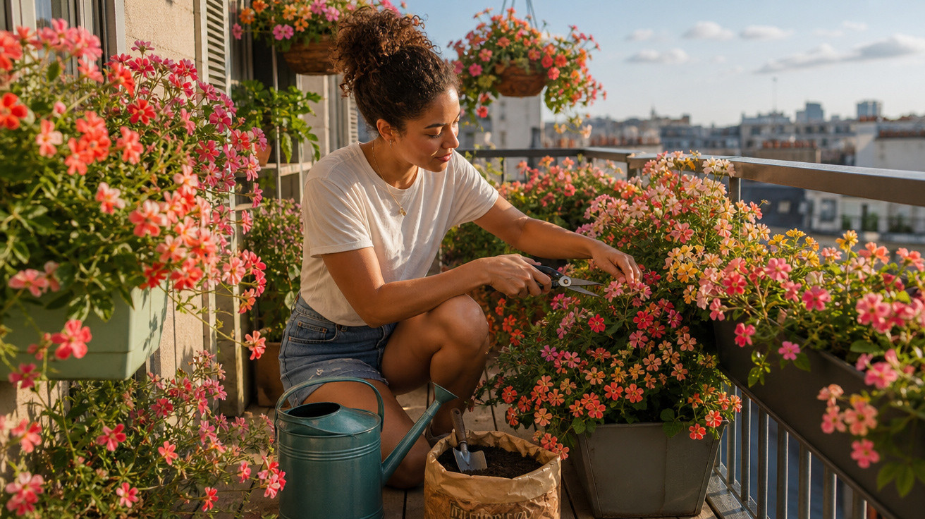 Mulher cuidando de flores coloridas em varanda ensolarada, com regador e terra ao lado.