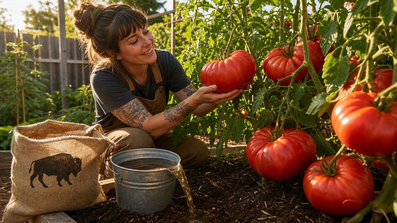 Mulher sorridente colhendo tomates grandes em um jardim ensolarado, com regador e saco ao lado.