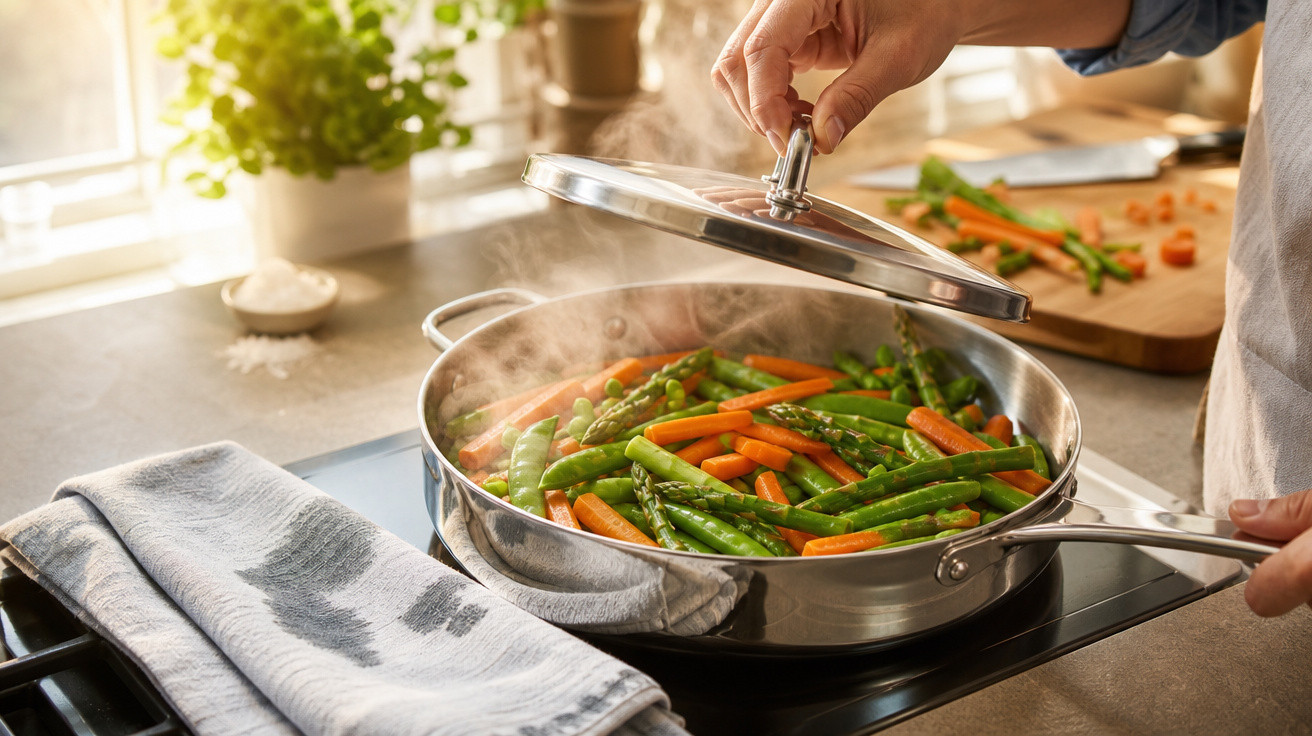 Pessoa abrindo tampa de panela com legumes cozinhando no fogão em cozinha iluminada.
