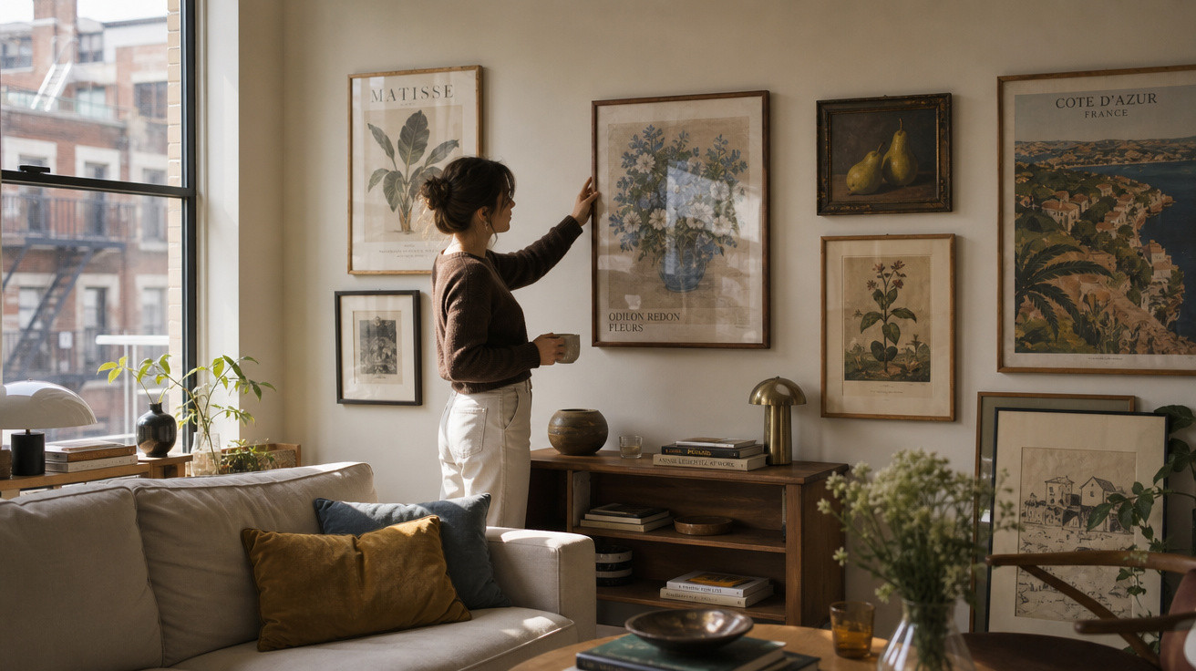 Mulher observa quadro floral em sala de estar com decoração aconchegante e iluminação natural.